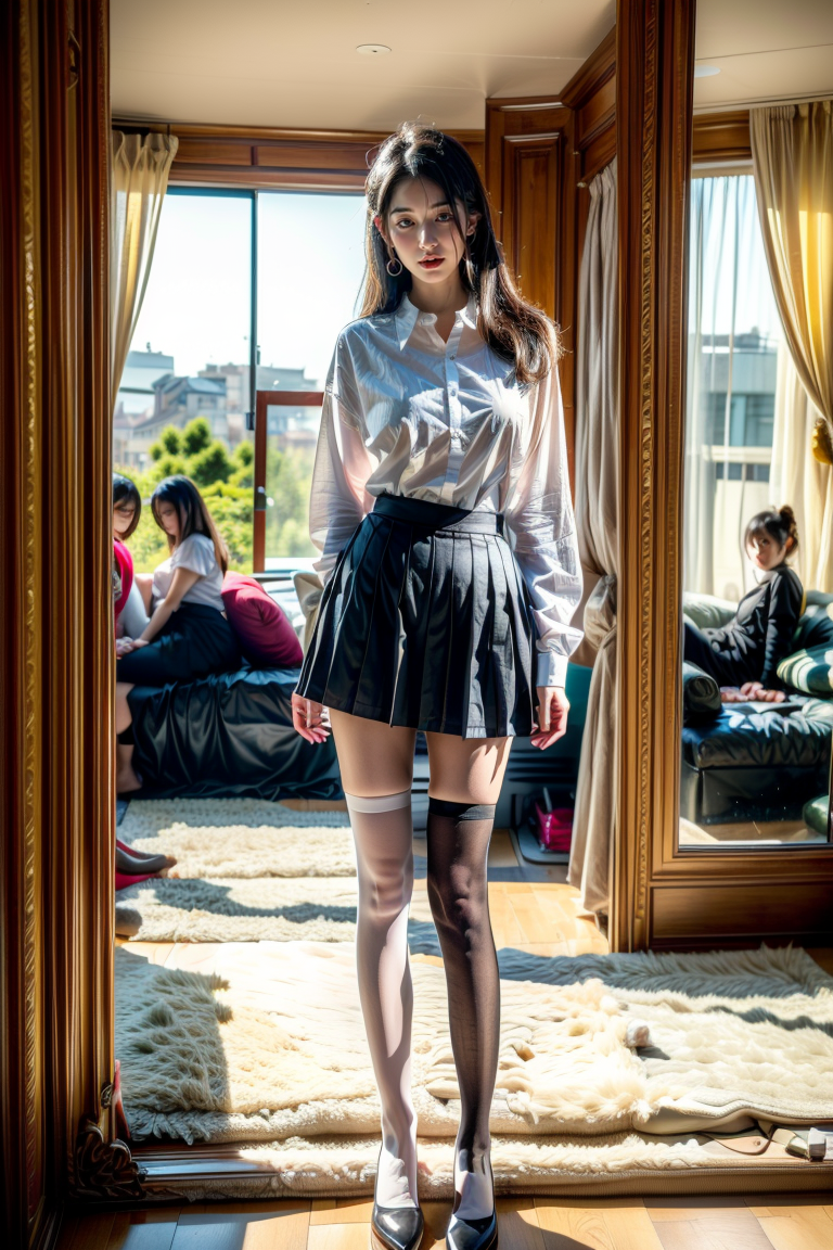 00664-4224913580-1girl, beautiful face, living room, sofa, large window, couch, carpet, bright natural lighting, standing, (full body_1.2), (absu.png